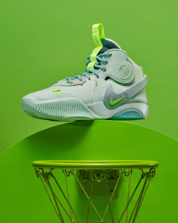 View of green and blue Nike Air Deldon.